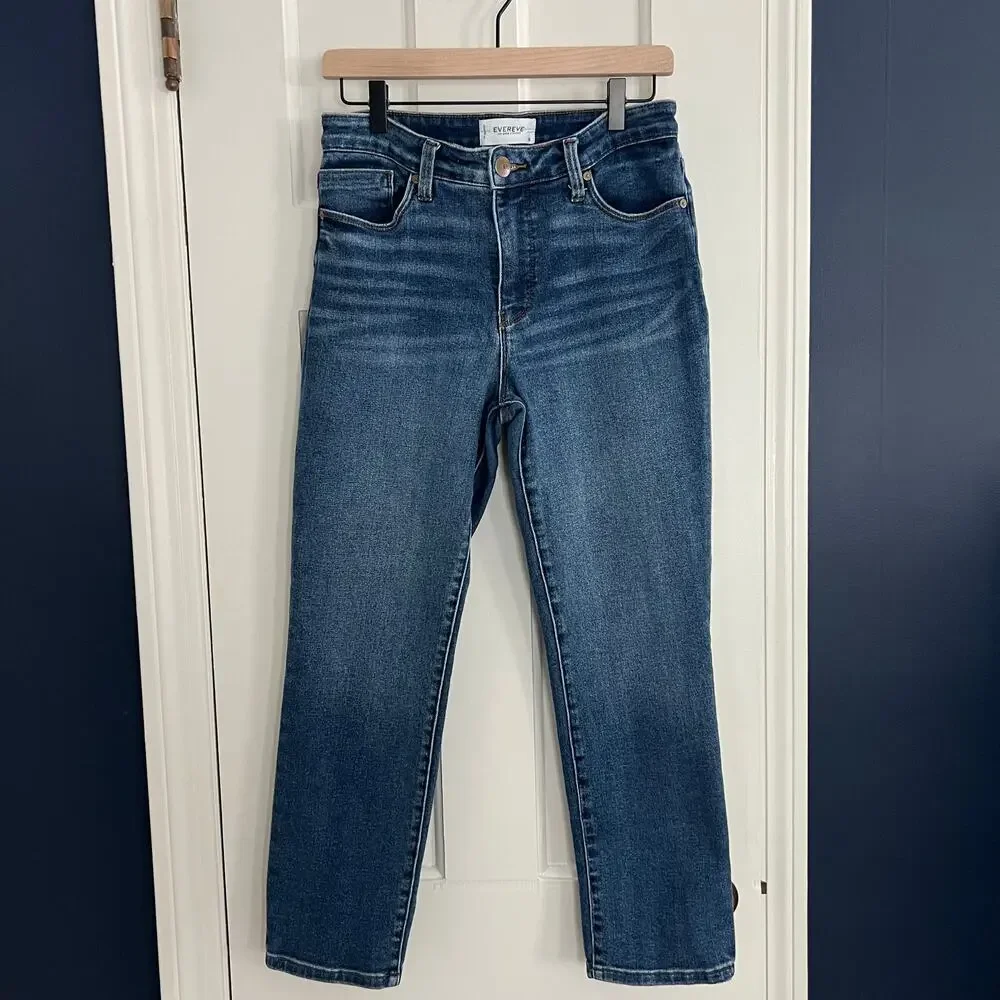 ♥️ Evereve The Ever Straight High Rise Fit Jeans Blue Women Finished Hem Size 28 - Picture 3 of 8